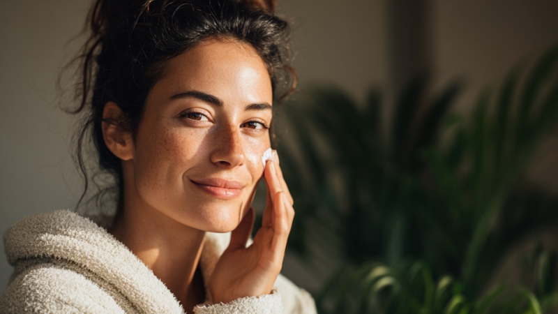 Žena u dvadesetim nanosi kremu na lice