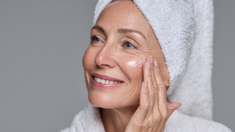 Žena srednjih godina sa peškirom na glavi nanosi anti-age kremu na lice