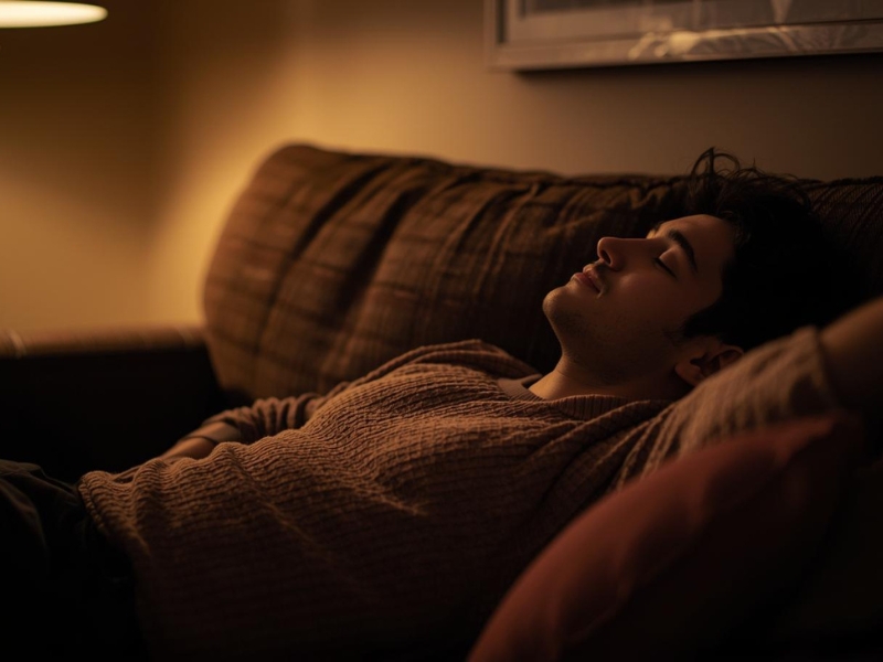 Čovek odmara na kauču u zamračenoj prostoriji nakon radnog dana 