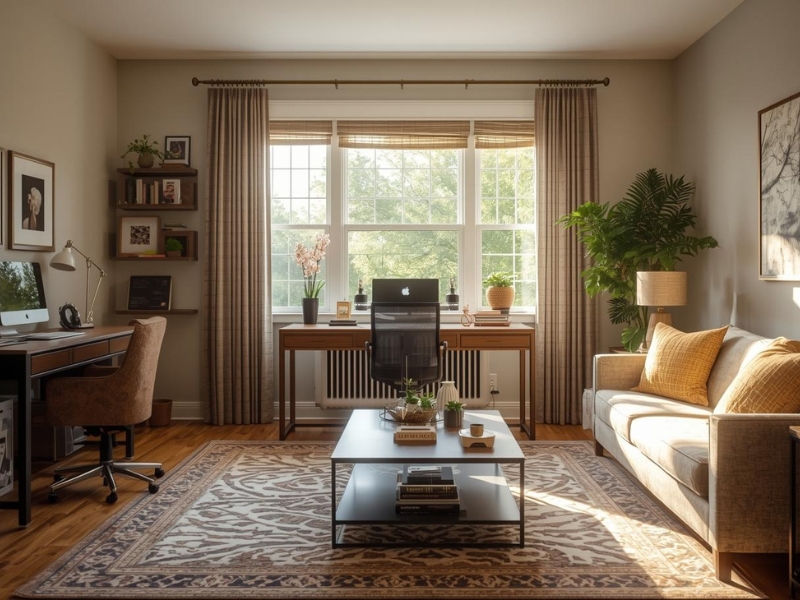 Uređenje home office prostora u dnevnoj sobi sa radnim stolom ispred prozora, prirodnim svetlom i toplim tonovima enterijera