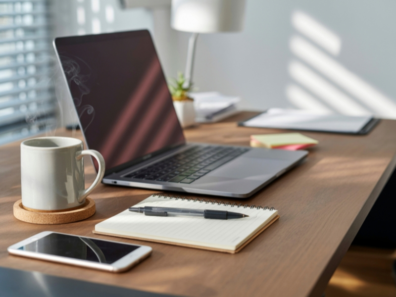 Uređen radni sto sa laptopom, sveskom i šoljom kafe, osvetljeno prirodnim svetlom za bolju koncentraciju