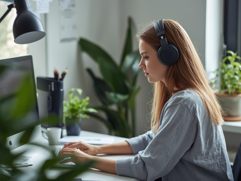 Žena sedi za radnim stolom sa slušalicama na glavi 