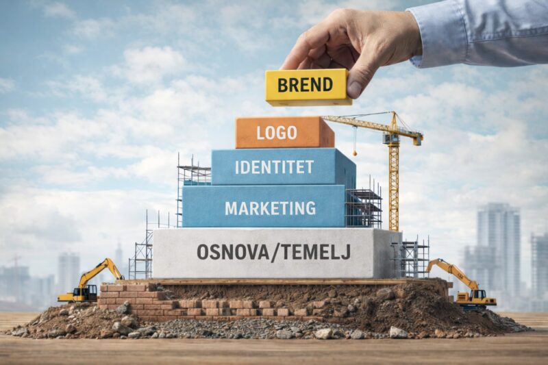 Ilustracija slojeva brenda sa natpisima osnova, marketing, identitet, logo i brand