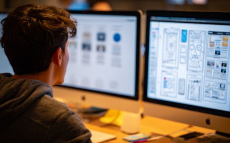 Osoba sedi ispred dva monitora i radi na dizajnu web stranice