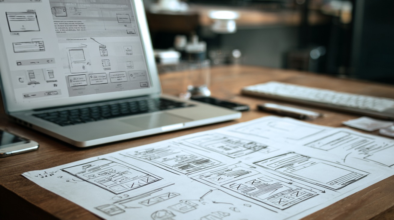 Laptop na stolu sa prikazom skica web stranice i nacrtima rasporeda elemenata