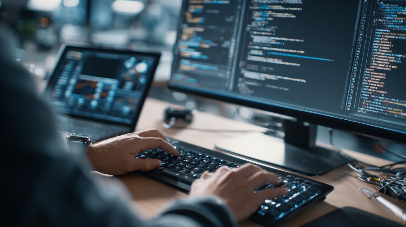 Osoba kuca kod na tastaturi dok su na monitoru prikazane linije programskog koda