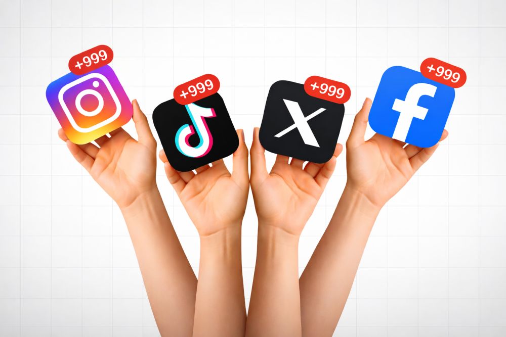 Ruke drže ikone društvenih mreža Instagram, TikTok, X i Facebook sa oznakama notifikacija