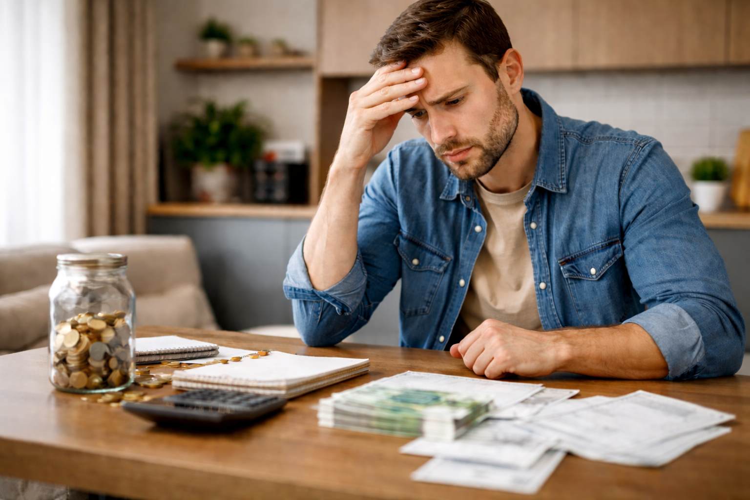 Covek koji broji novac za svojim stolom
