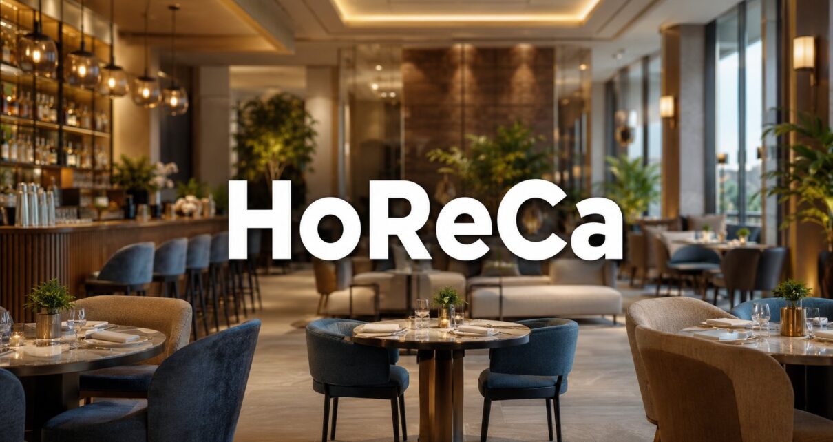Moderan hotelski restoran sa postavljenim stolovima i natpisom HoReCa