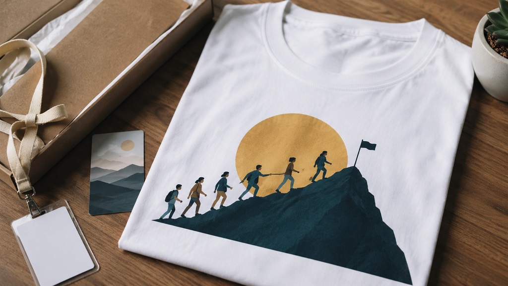 Bela personalizovana majica sa ilustracijom tima koji se penje ka vrhu kao simbol zajedničkog cilja brenda