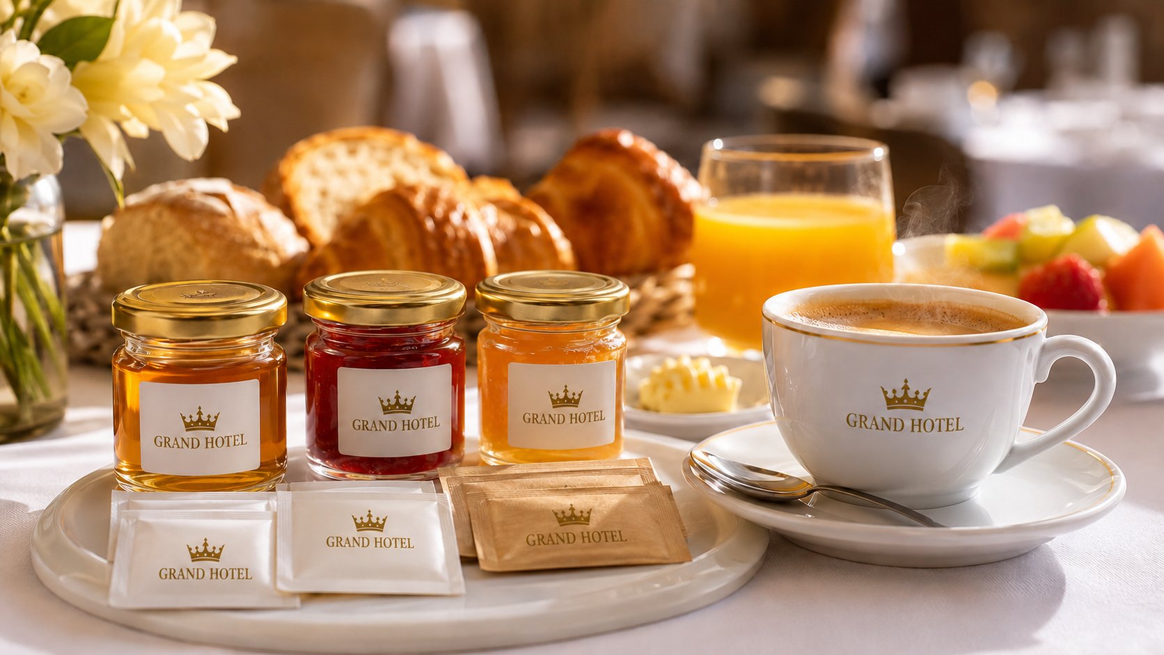 Hotelski doručak sa kafom, medom, marmeladom i kesicama šećera sa logotipom hotela