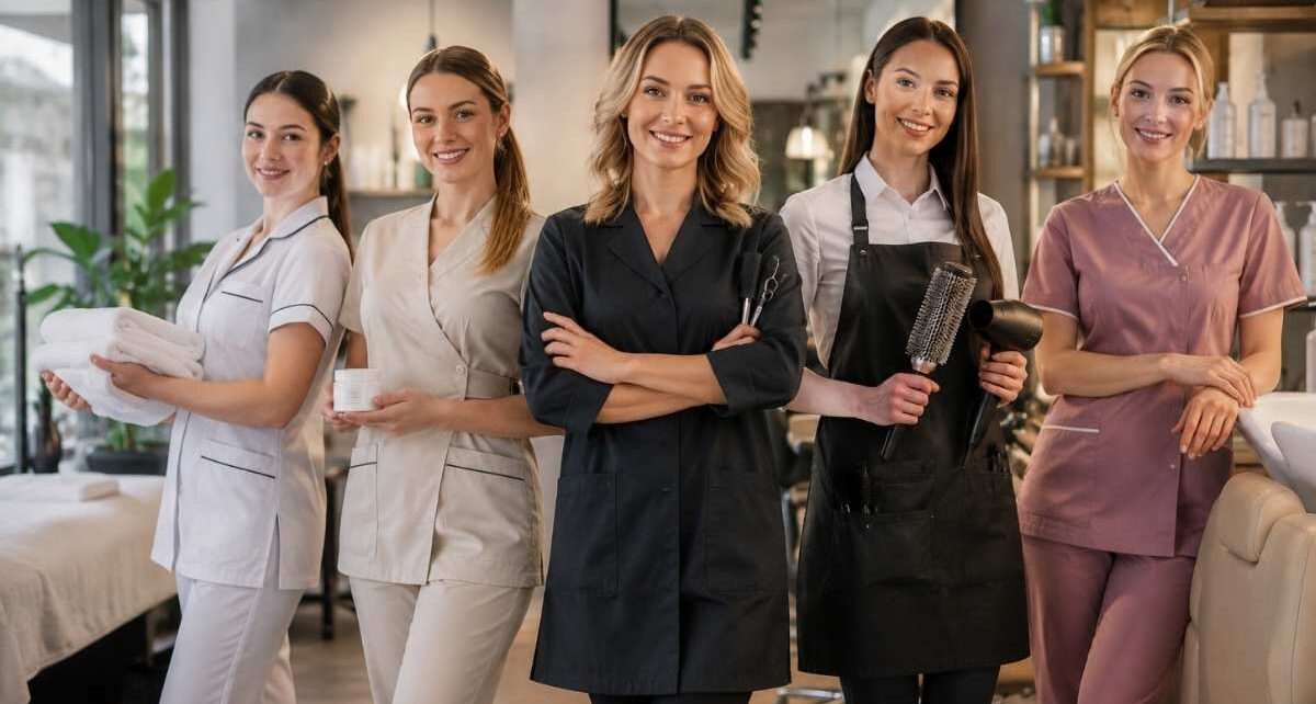 Frizeri, kozmetičari i negovatelji u profesionalnim uniformama u salonu lepote.