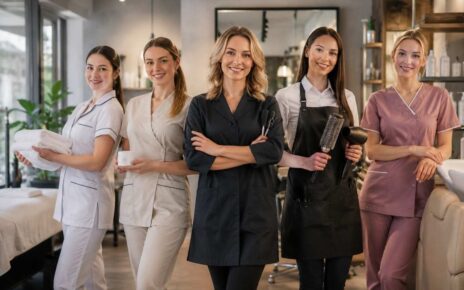 Frizeri, kozmetičari i negovatelji u profesionalnim uniformama u salonu lepote.